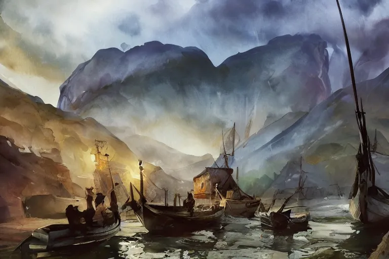 Prompt: paint brush strokes, abstract watercolor painting of rustic fishing village, viking age, ambient lighting, art by hans dahl, by jesper ejsing, art by anders zorn, wonderful masterpiece by greg rutkowski, cinematic light, american romanticism by greg manchess, creation by tyler edlin