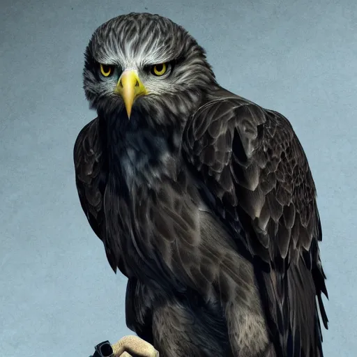 Image similar to A extremely realistic photo of a eagle with night vision goggles on its eyes, standing bird, sharp claws, cloudy, midnight, smoke, ultra high detail digital art, trending on Artstation, unreal engine