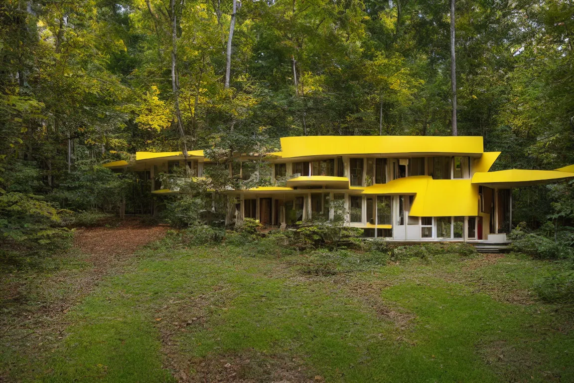 Image similar to a mid century modern house in a forest, designed by Frank Gehry. Tiles. Small gravel driveway . Film grain, cinematic, yellow hue