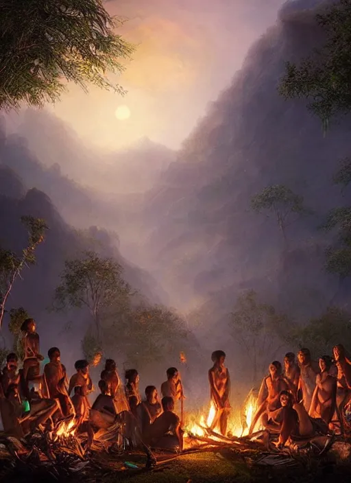 Prompt: a beautiful matte painting of an indigenous tribe around a bonfire in the jungle, fantasy art, epic lighting, beautiful composition, matte painting, highly detailed