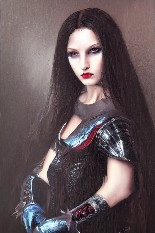 Image similar to hyperrealism oil painting, close - up portrait of european medieval brunette vampire fashion model, knight, steel gradient mixed with nebula sky, in style of baroque