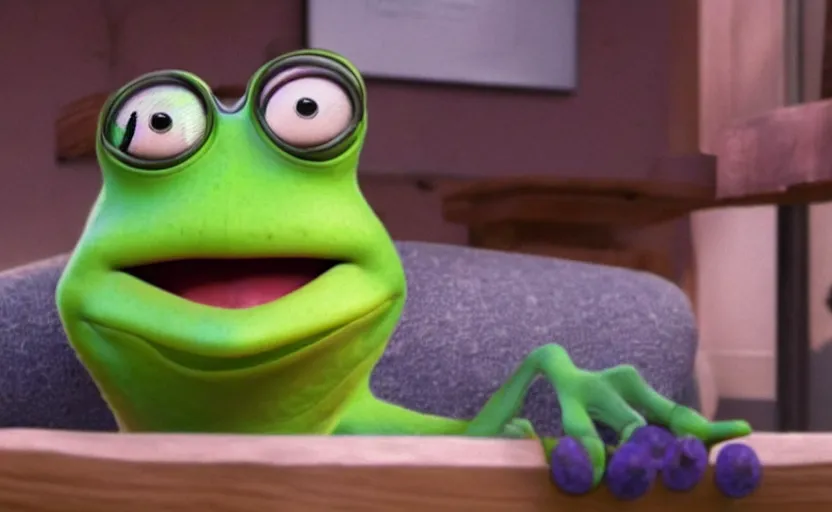 Prompt: still of sad Pepe the frog in the Pixar Movie from 2017, Pepe The frog reeeeeeeeeeeeee directed by John Lasseter cinematic shot parody movie bloopers