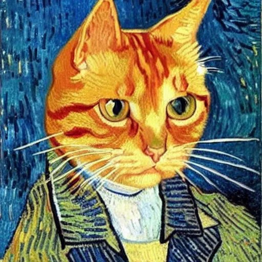 Image similar to Van Gogh portrait of a ginger tabby cat wearing a beautiful outfit