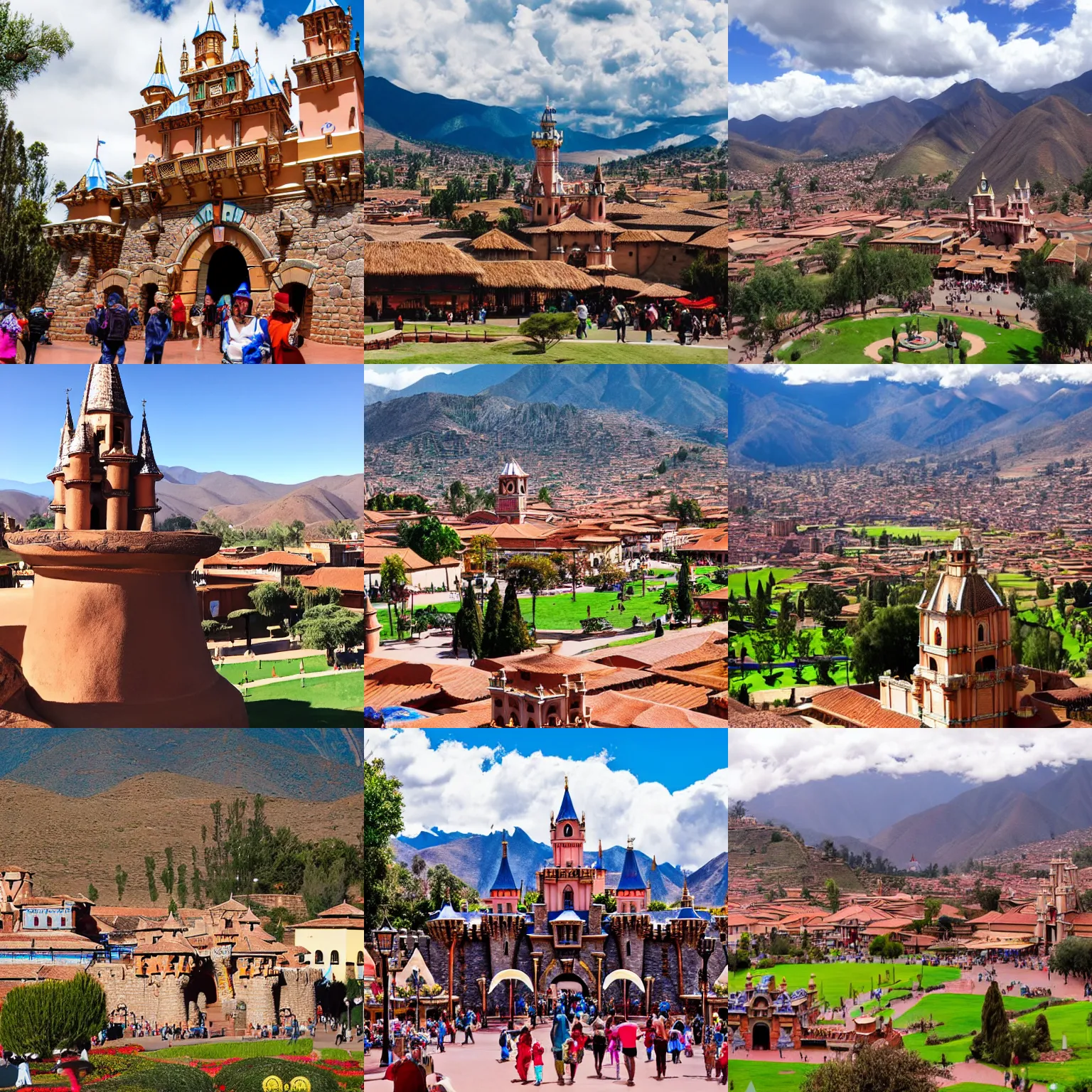 Prompt: a postcard from disneyland cuzco with a fancy castle, mouse ears, and high altitude mountain scenery