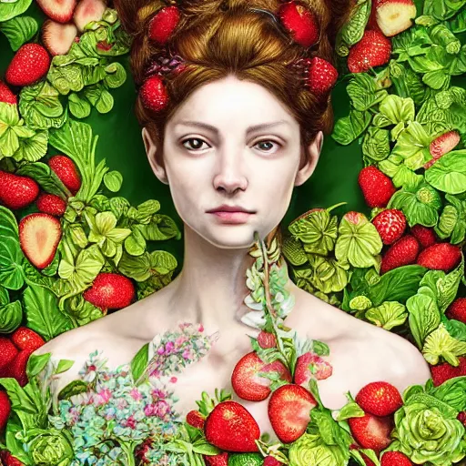 Prompt: the portrait of an absurdly beautiful, graceful, elegant, sophisticated woman made of strawberries and green petals, an ultrafine hyperdetailed illustration by kim jung gi, irakli nadar, golden ratio, intricate linework, bright colors, octopath traveler, final fantasy, unreal engine 5 highly rendered, global illumination, radiant light, detailed and intricate environment