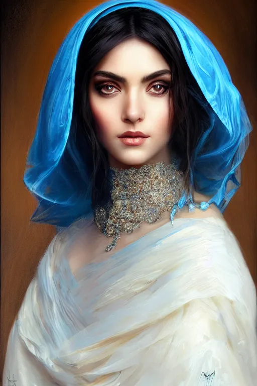 Image similar to ameera al taweel woman , bright blue eyes, wavy black hair, white veil, closeup, cinnamon skin color, elegant, highly detailed, centered, oil painting, artstation, concept art by tom bagshaw