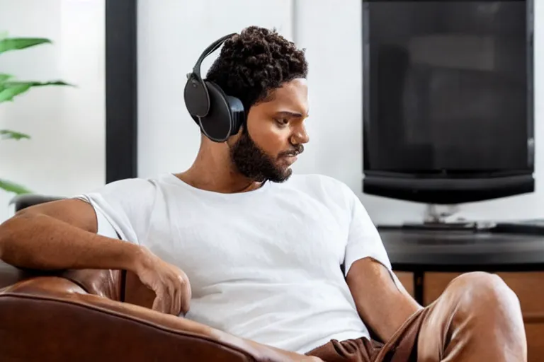 Image similar to a man wearing a white t - shirt and black sweat pants and wearing headphones is sitting in a brown leather chair in a living room