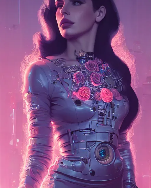 Image similar to portrait of lana del rey as a cyberpunk cyborg. roses, sci - fi, missing panels, intricate abstract upper body intricate artwork, by tooth wu, wlop, beeple, dan mumford. concept art, octane render, deviantart, greg rutkowski, cinematic, key art, hyperrealism, iridescent accents