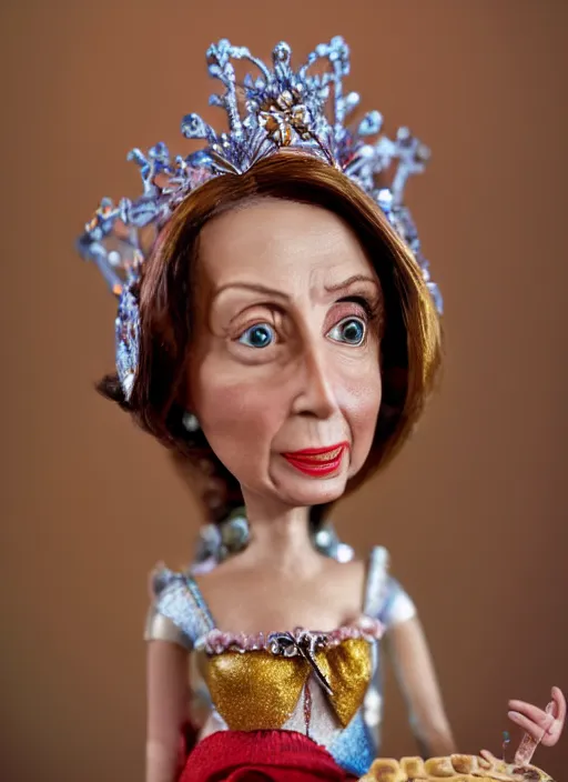 Image similar to closeup face profile portrait of tin toy nancy pelosi as a fairytale princess wearing a crown eating cakes, bikini, depth of field, zeiss lens, detailed, symmetrical, centered, fashion photoshoot, by nicoletta ceccoli, mark ryden, lostfish, breathtaking, 8 k resolution, extremely detailed, beautiful, establishing shot, artistic, hyperrealistic, octane render