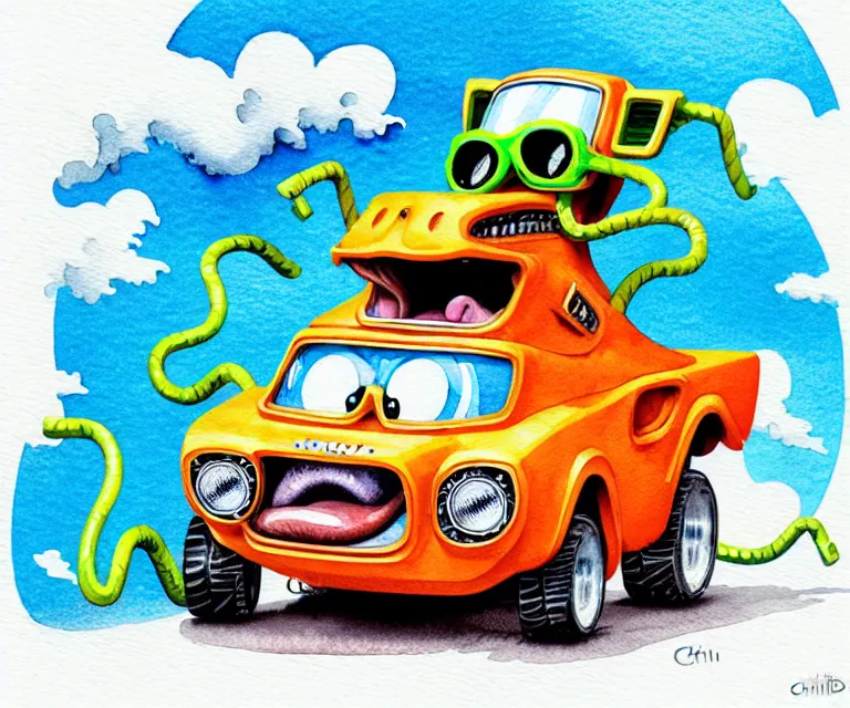 Image similar to cute and funny, horse wearing goggles driving a tiny hot rod with an oversized engine, ratfink style by ed roth, centered award winning watercolor pen illustration, isometric illustration by chihiro iwasaki, edited by craola, tiny details by artgerm and watercolor girl, symmetrically isometrically centered