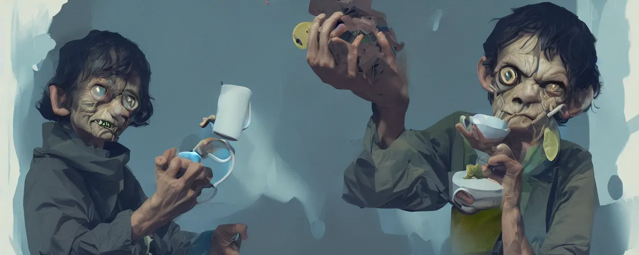 Image similar to duotone olive illustration 3 / 4 portrait of gollum drinking cup of coffee symetrical composition accidental renaissance golden ratio. by sachin teng and sergey kolesov and ruan jia and heng z. graffiti art, scifi, fantasy, hyper detailed. octane render. concept art. trending on artstation