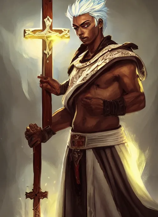 Image similar to a highly detailed illustration of sadistic white haired tanned african priest wearing white robe, wielding bloody cross sword, gothic church background, intricate, elegant, highly detailed, centered, digital painting, artstation, concept art, smooth, sharp focus, league of legends concept art, wlop