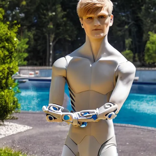 Image similar to a realistic detailed photo of a guy who is an attractive humanoid who is half robot and half humanoid, who is a male android, soccer player martin ødegaard, shiny skin, posing like a statue, blank stare, by the pool, on display, showing off his muscles, humanoid robot, frozen ice statue