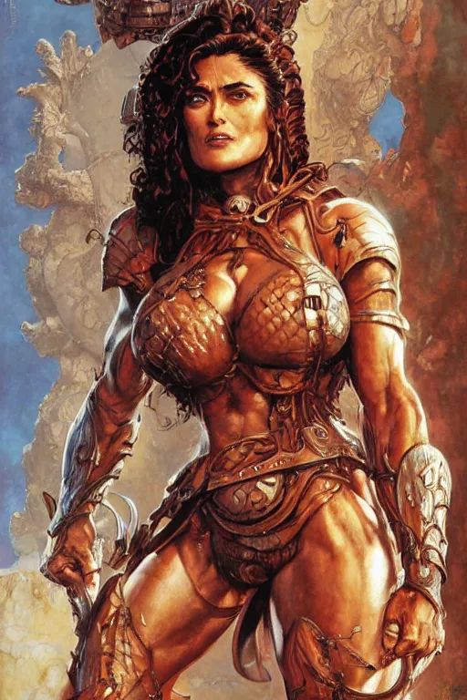 Prompt: muscular beautiful salma hayek wearing armor tombow artwork greg staples , dug stanat, norman rockwell , christophe young eytan zana , rumiko takahashi , centred , symmetrical , denoised