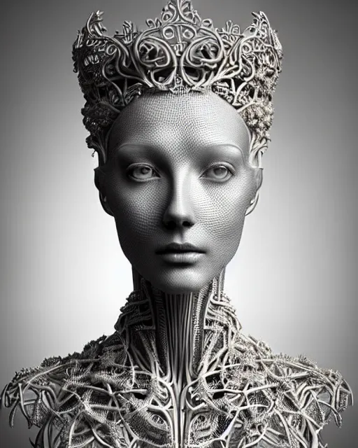 Image similar to bw 3 d render of a beautiful female queen - cyborg - vegetal, intricate fractal ornament in the bust with a very long neck, elegant, highly detailed intricate rococo ornament in her blond long hair, realistic, refined, highly detailed, cinematic outdoor lighting, by flora borsi in the style of dora maar, volumetric lighting, hyper realistic photography