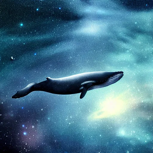 Prompt: portrait of whale swimming on a night sky, swimming across the universe, nebulae, galaxies, oniric, dreamy, beautiful, highly detailed, cinematic, trending on artstation