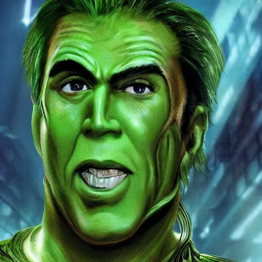 Image similar to Nicolas Cage as the Green Goblin