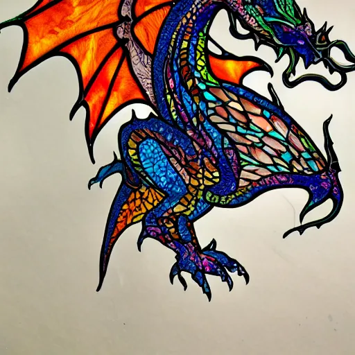 Prompt: beautiful insanely detailed dragon made of stained glass flying and breathing fire