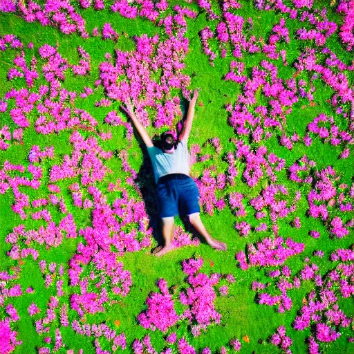 Image similar to aerial view photo of a guy laying in a field of flowers looking at the camera, pastel faded effect, synthwave colors, 8K