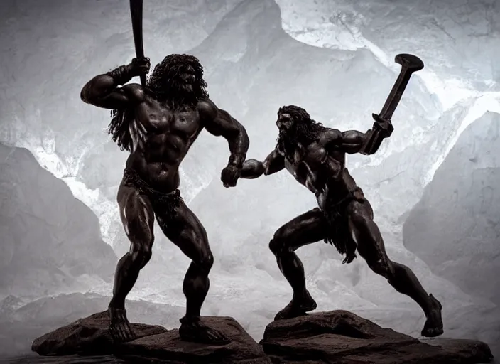 Image similar to a full figure rubber sculpture of conan the barbarian fighting a giant troll, by Michelangelo, dramatic lighting, foggy atmosphere, rough texture, subsurface scattering, wide angle lens