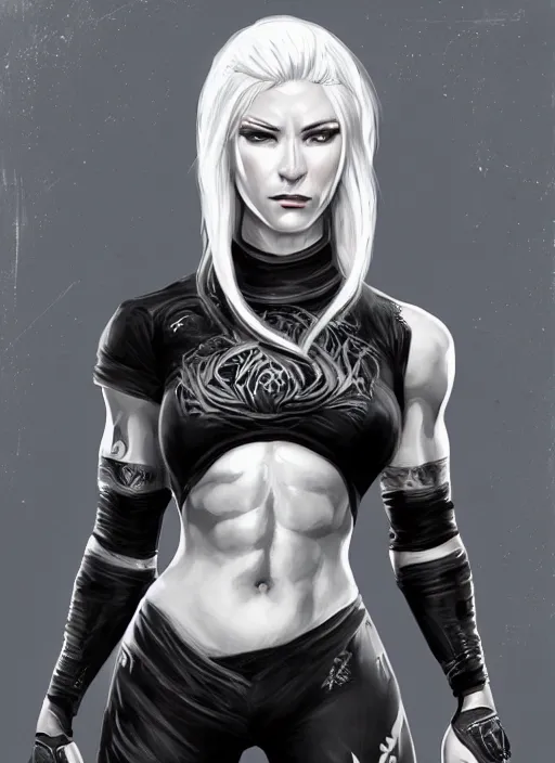 Image similar to a highly detailed illustration of fierce platinum blonde woman wearing black mma gear, heroic fighting stance pose, intricate, elegant, highly detailed, centered, digital painting, artstation, concept art, smooth, sharp focus, league of legends concept art, wlop