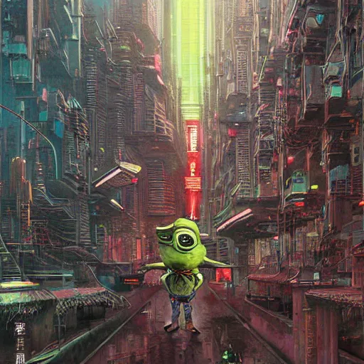 Image similar to a hyperrealistic painting of a cyberpunk city with cyborg pepe the frog walking through portals and robotic aliens, flying cars, cinematic horror by chris cunningham, richard corben, highly detailed, vivid color, beksinski painting, part by adrian ghenie and gerhard richter. art by takato yamamoto. masterpiece