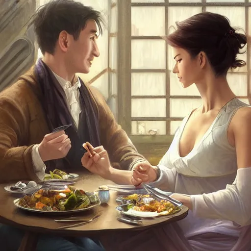 Image similar to a dinner date with the girl next door, slice of life, varying ethnicities, modern, realistic, looking at the camera, enjoying life!!! elegant, highly detailed, digital painting, artstation, concept art, matte, sharp focus, illustration, art by artgerm and greg rutkowski and alphonse mucha
