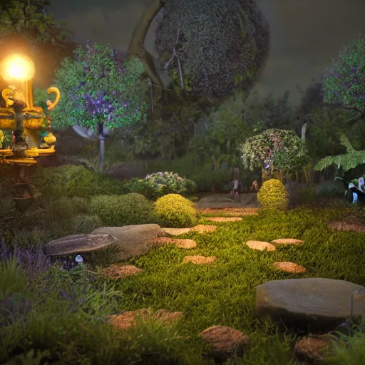 Image similar to fairy glowing magically at night concept art, realistic garden, beautiful, glorious, matte painting, highly detailed, trending on artstation, 4 k, rendered in octane, unreal engine