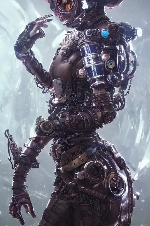 Image similar to full body Portrait of a steampunk sci-fi cyborg ninja, third person, D&D, sci-fi fantasy, intricate, hologram colors , highly detailed , art by Range Murata, highly detailed, 3d, octane render, bright colors, digital painting, trending on artstation, sharp focus, illustration style of Stanley Artgerm,