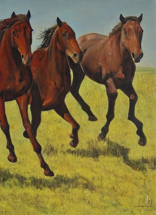 Image similar to three horses running in a field, by ansin martin