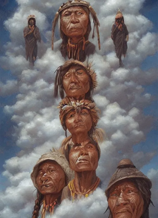 Image similar to faces of old indigenous people embedded made of clouds in the sky, art by christophe vacher