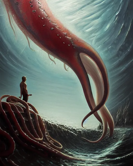 Prompt: a dream fantasy painting of a giant squid attack a swimming man, by beksinki, giger, greg rutkowski, carne griffith trending on artstation, deviantart, photorealism