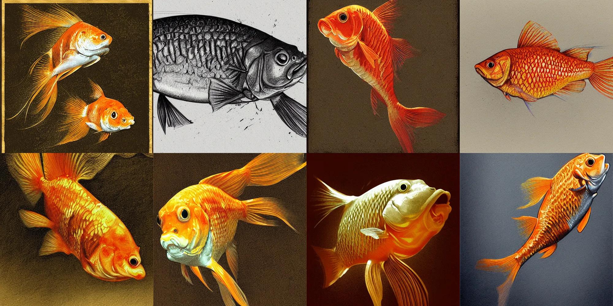 Prompt: goldfish, pencil sketch, woodcut, realistic shaded, fine details, realistic shaded lighting poster by greg rutkowski