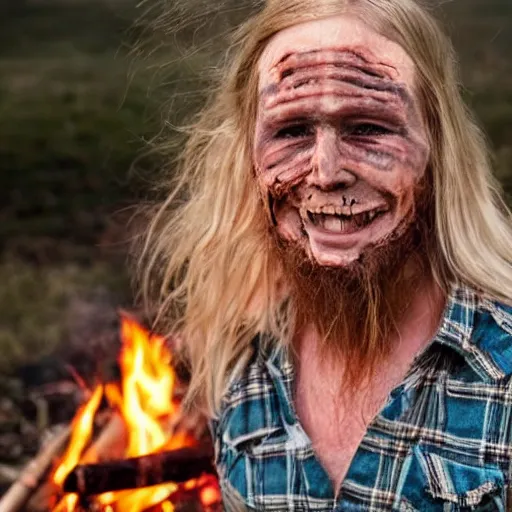 Image similar to photo of hillbilly with long blonde hair around a bonfire, symmetric face