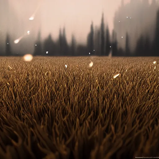 Prompt: A realistic detailed photo of a field, fire, fire particles, dead plants, cloudy sky, foggy landscape, light particles, detailed light, realistic shaders, trending on artisation, detailed textures, detailed, realistic.