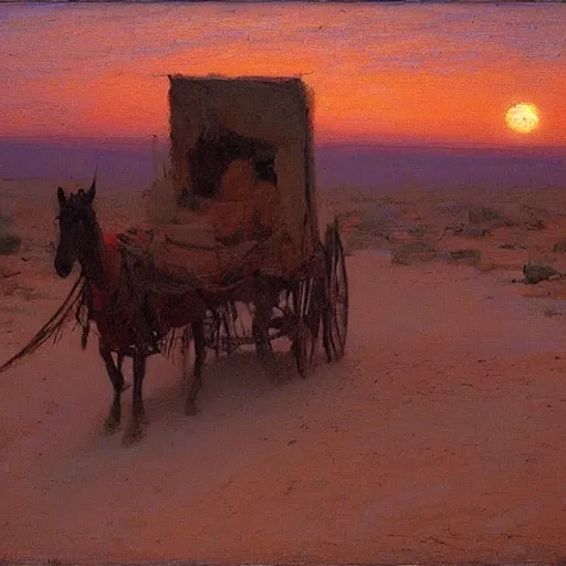 Image similar to timbuktu, by henry ossawa tanner, caravan, at sunrise