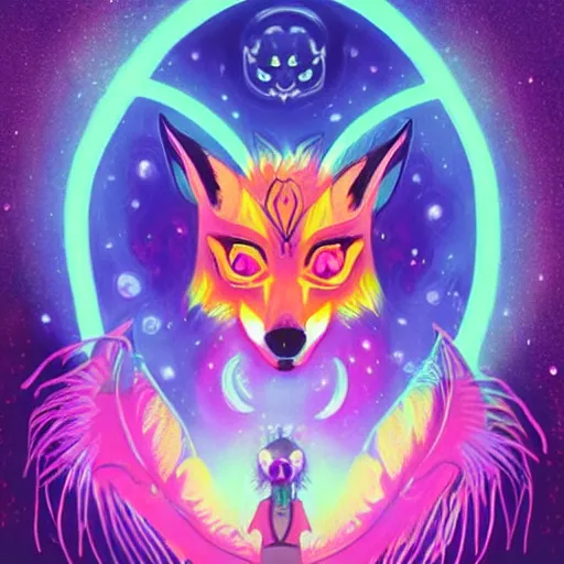 Image similar to a stylized blacklight neon black velvet painting of an bipedal fox with a skull for a face, hummingbird feathers for fur, themed around death and astronomy, in the style of dnd beyond avatar portraits, beautiful, artistic, elegant, lens flare, magical, lens flare, nature, realism, stylized, art by hayou miyazaki