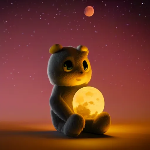 Prompt: a cute stuffed animal holding the moon in it's hand, backlight, 3 d render, octane render, still from moon keeper by dreamworks