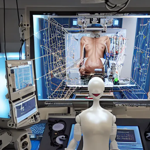 Image similar to long shot portrait of a human flat on back during robotic surgery, artificially embellished with computer circuitry, wires, and devices, small displays with vital readings and graphs crowd the operating room, semi - opaque skin, piercing glare in the eyes, confused, dark bokeh in background, light from top right, diverse textures