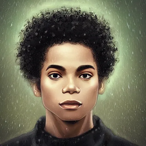 Image similar to beautiful 16 year old black boy dressed in spring wear, portrait, kpop idol, model, short curly hair like Michael Jackson, beautiful face like Zendaya, rule of thirds, trending on pixiv, trending on deviantart, 8k character concept, symmetrical facial features, by Charlie Bowater, dramatic lighting, forest background, raining, proportionate, trending on artstation