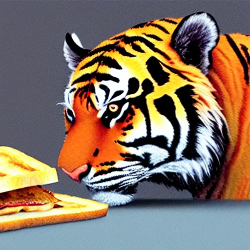 Prompt: a tiger eating a toasted sanwich,photorealistic,detailed face,8k