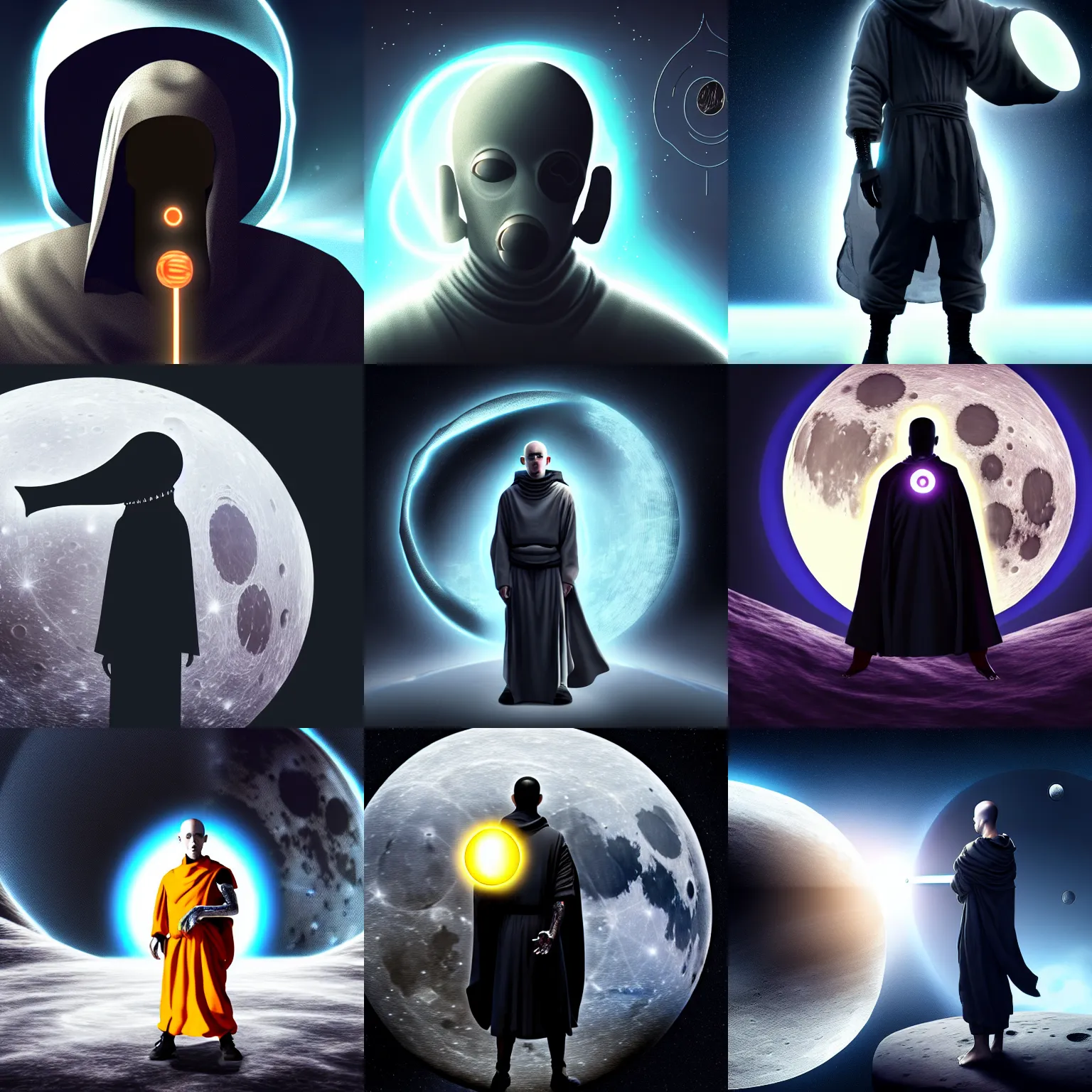 Prompt: cyberpunk monk in grey cloth with a black hole for his head holding an energy sword standing on the moon, his head is a black hole, 8K resolution, very aesthetic, moon surface background