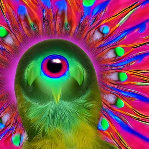 Image similar to front facing bird staring two eyes directly into camera with psychedelic background
