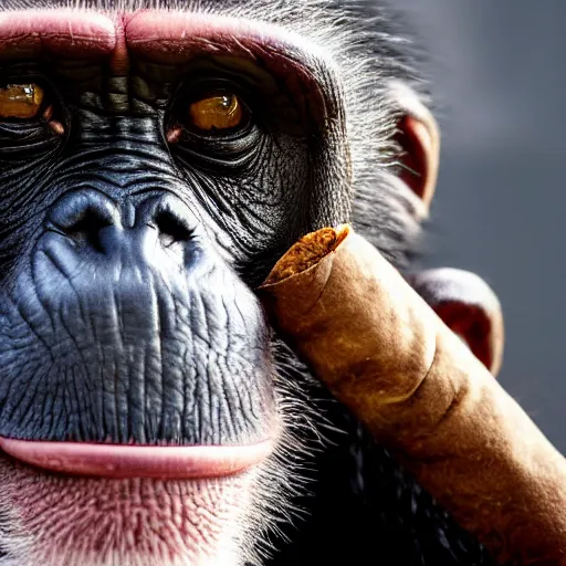 Image similar to a high detail closeup shot of a chimp wearing a suit, smoking a cigar