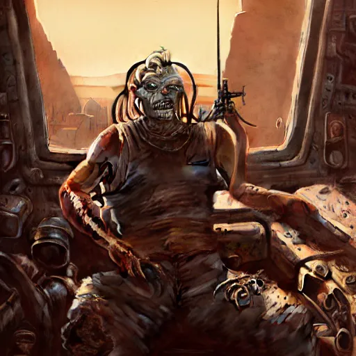 Image similar to Portrait of Immortan Joe by Greg Rutkowski. He is making an announcement from his war rig in the desert by Mark Arian. It is bright and desolate and rusty by H.R. Giger. soft render, octane, highly detailed painting by Moebius. artstation Blank Canvas Scene by Tetsuya Nomura.