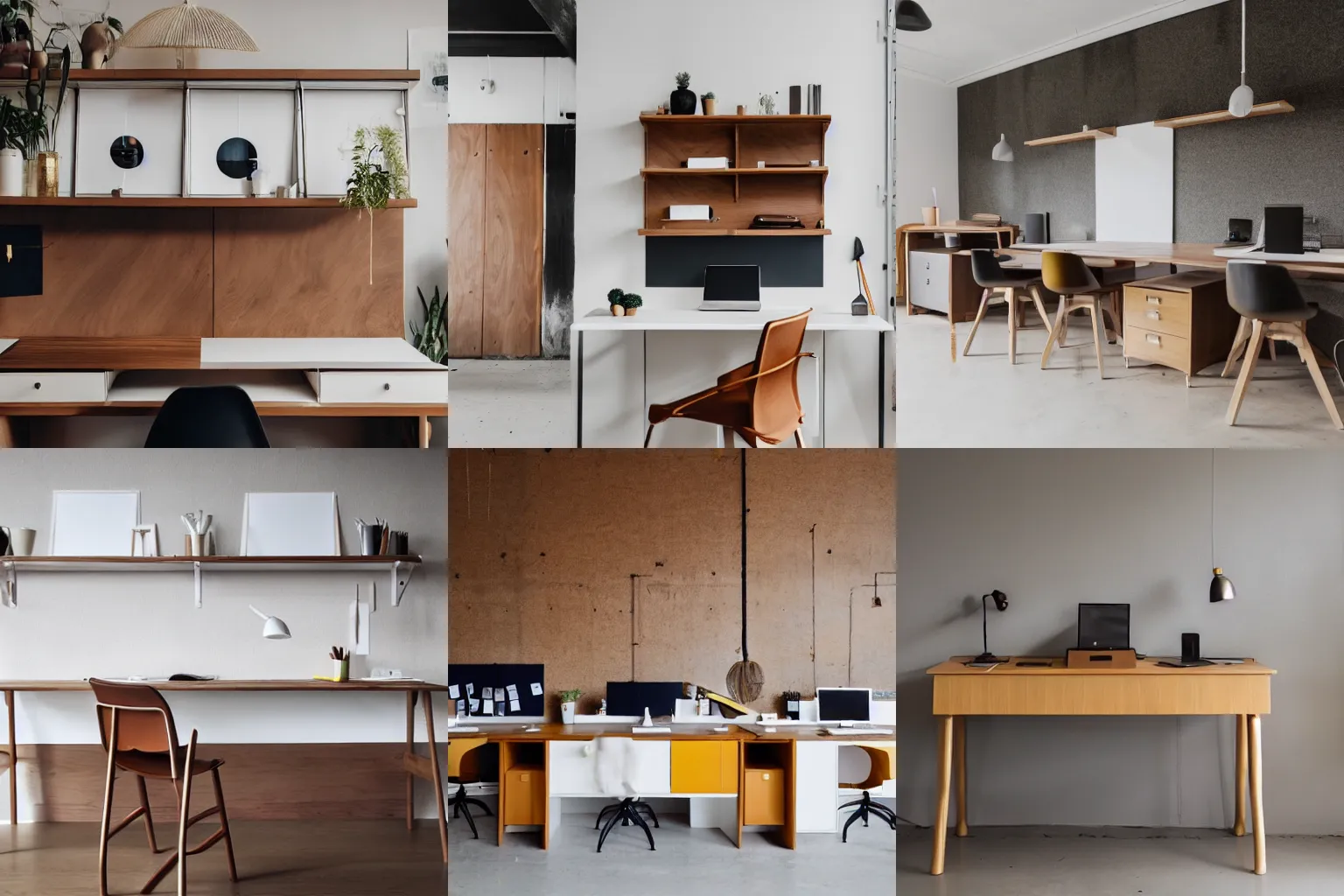 Prompt: scandinavian bright work place interior, multiple desks, cupboards, walnut wood, ocher, anthracite, white, natural materials, bohemian, realistic photo, retro futuristic, swedish design