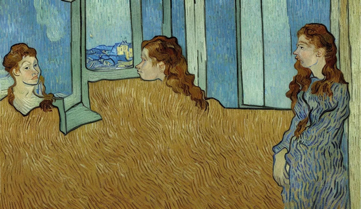 Prompt: long woman with brown hair looking outside of window thinking, painting by van gogh