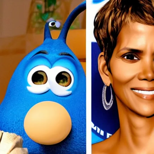 Image similar to halle berry as an anthropomorphic blueberry. pixar character