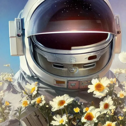 Image similar to a close up painting of an astronaut floating in space. his helmet visor is dark and reflective. you can see the reflection of flowers in his helmet visor. by artgerm and greg rutkowski and alphonse mucha