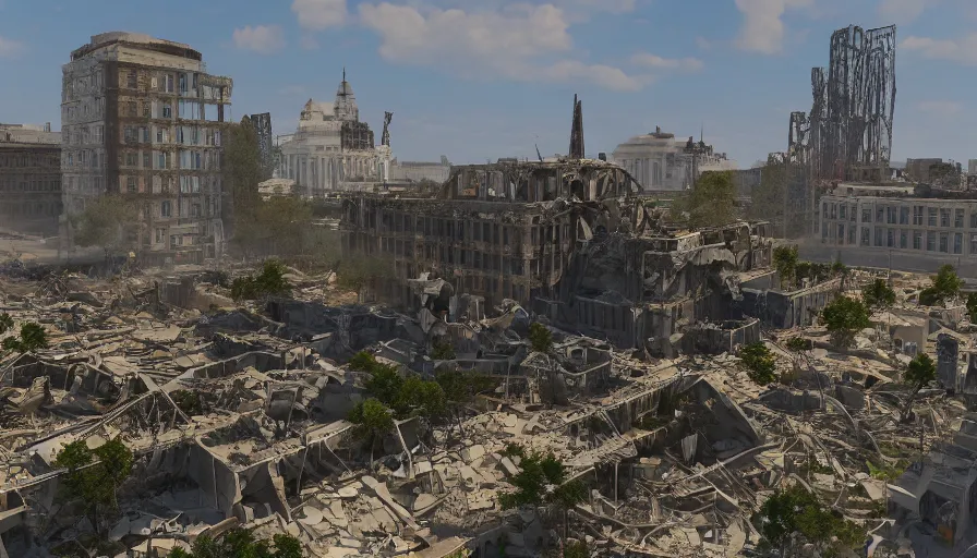 Image similar to craft garden in destroyed washington dc, collapses buildings, sunny day, destroyed capitol in the horizon, hyperdetailed, artstation, cgsociety, 8 k